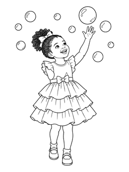 A cheerful little girl coloring page showing her reaching up to floating bubbles in a ruffled dress.