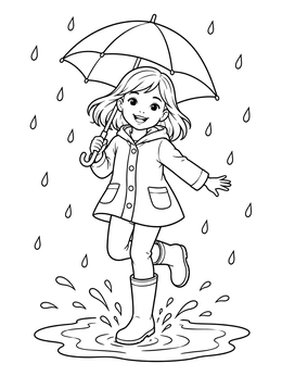 A cheerful little girl coloring page showing a child jumping in a puddle with an umbrella.