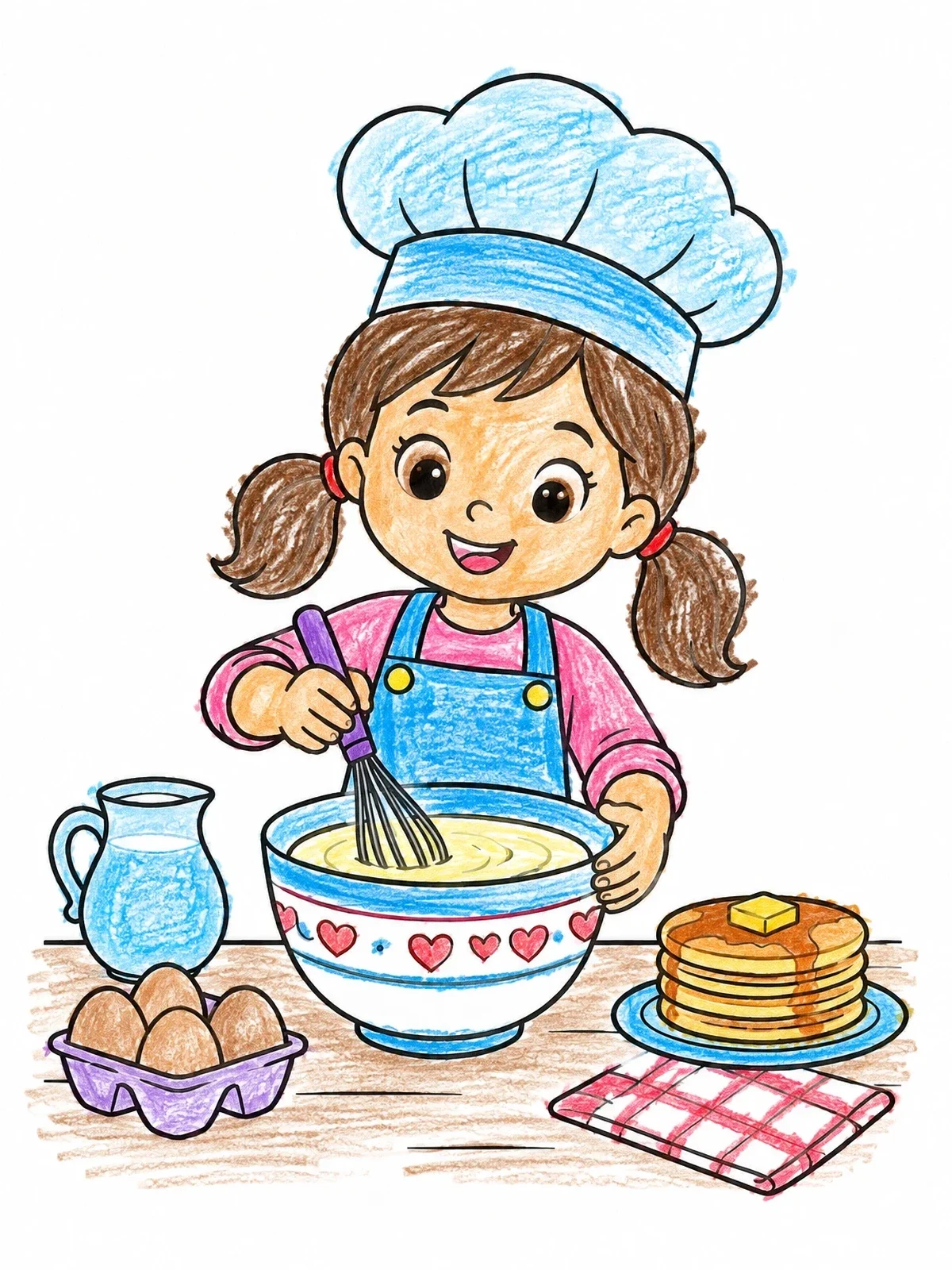 Colored example of the Little Girl Chef Whisking Batter coloring page