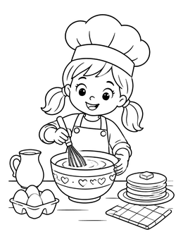 A cheerful little girl mixes batter in this cute chef coloring page.