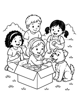 A sweet little girl coloring page with children sitting outside and feeding treats to a cute dog.
