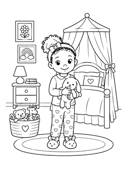 A sweet little girl coloring page with pajamas, a plush bunny, and a cozy canopy bed.