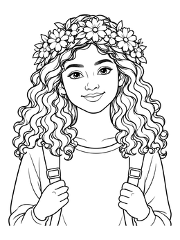 A smiling young girl wearing a floral wreath on this little girl coloring page.