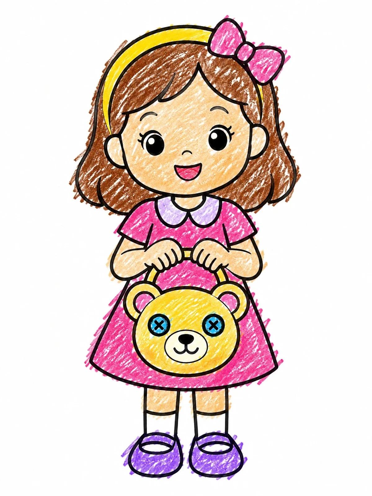 Colored example of the Little Girl Holding Cute Bear Purse coloring page