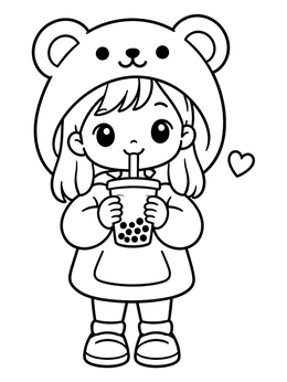 A sweet little girl coloring page showing a child in a bear hoodie sipping bubble tea.