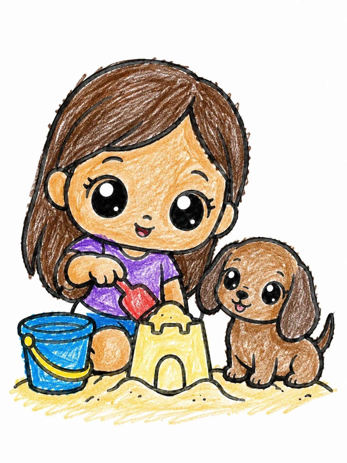 Colored example of the Little Girl And Dachshund Puppy Sandcastle coloring page