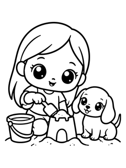 A sweet dachshund coloring page of a girl and her cute puppy building a sandcastle with a bucket and shovel.