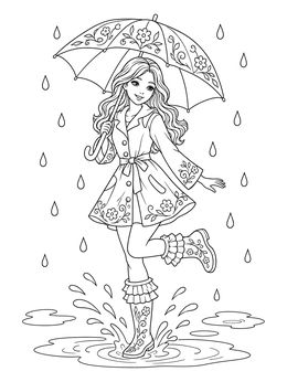 A cheerful girl dances in rain puddles on this little girl coloring page.