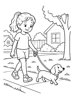 A cheerful little girl coloring page showing a girl walking her dachshund down a sidewalk.