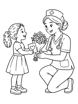 Free printable Little Girl Giving Nurse Flowers coloring page