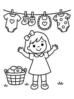 Free printable Little Girl Hanging Baby Clothes coloring page