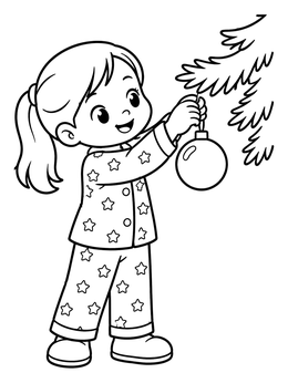 A cheerful little girl coloring page showing her hanging an ornament on a tree.