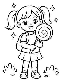 A cheerful little girl coloring page showing her holding a giant swirl lollipop with sparkles around.