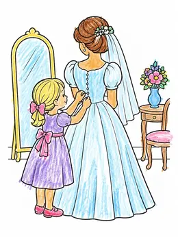 Little Girl Helping Bride With Wedding Dress Coloring Page