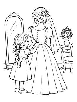 A dress coloring page showing a flower girl buttoning a bride's gown by a mirror.