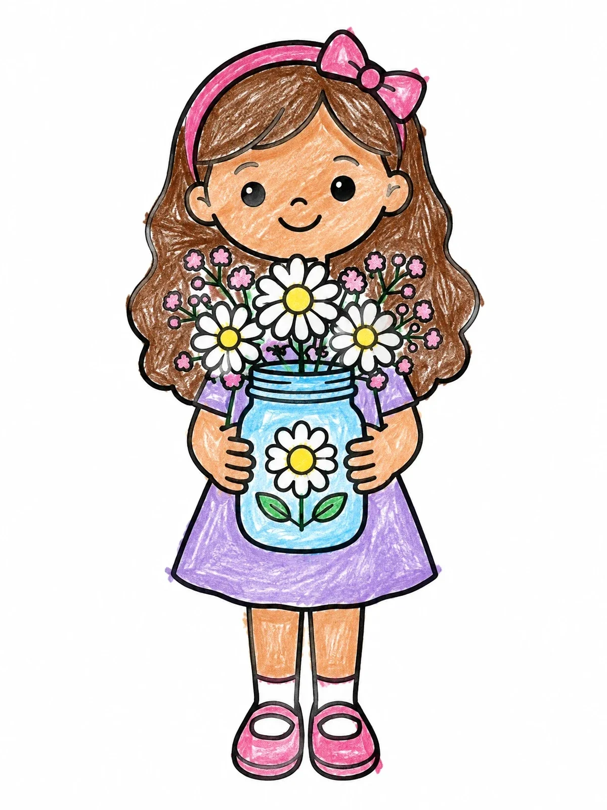 Colored example of the Little Girl Holding Flower Mason Jar coloring page
