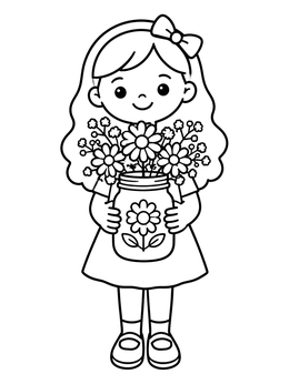 Free printable Little Girl Holding Flower Mason Jar coloring page