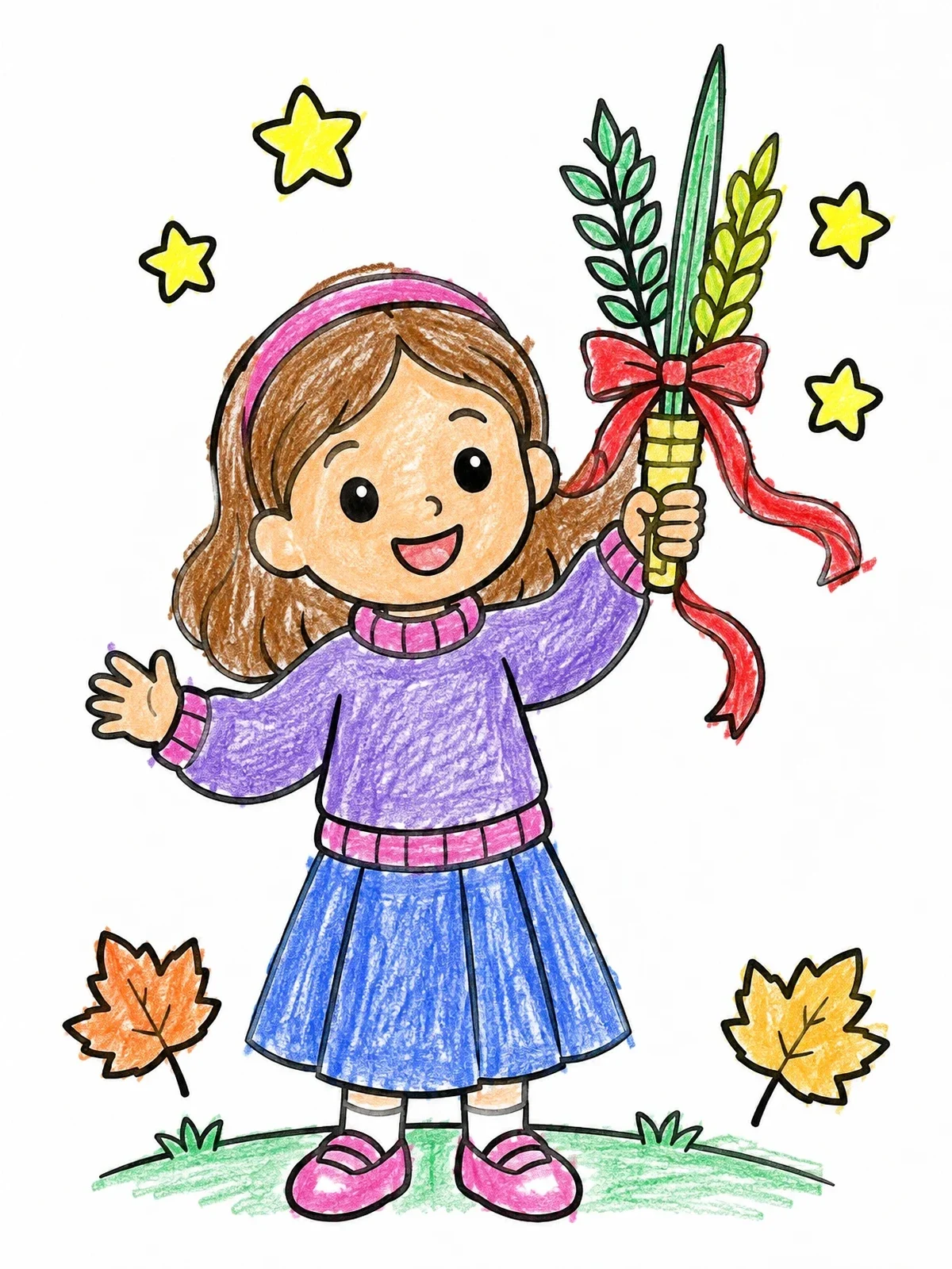 Colored example of the Little Girl Holding A Sukkot Lulav coloring page