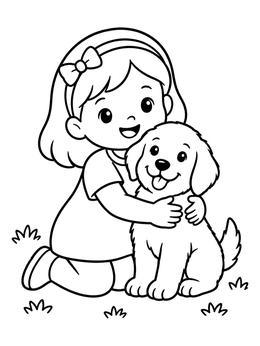 A cheerful little girl coloring page showing her kneeling and hugging a fluffy puppy on the lawn.