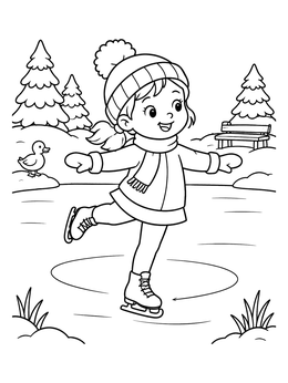 Free printable Little Girl Ice Skating On Frozen Pond coloring page