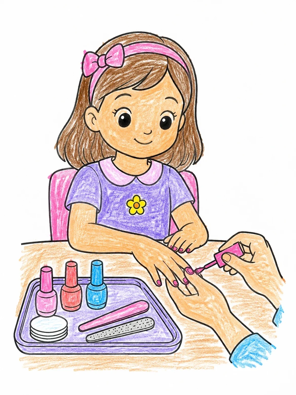 Colored example of the Little Girl Manicure Spa Day coloring page