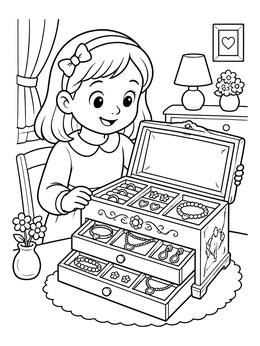 Free printable Little Girl Opening Jewelry Box coloring page