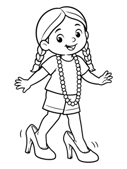 A playful little girl coloring page showing a child walking in oversized high heels with beads.