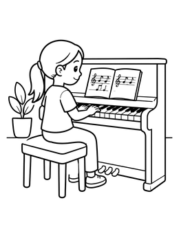 Free printable Little Girl Playing Upright Piano coloring page