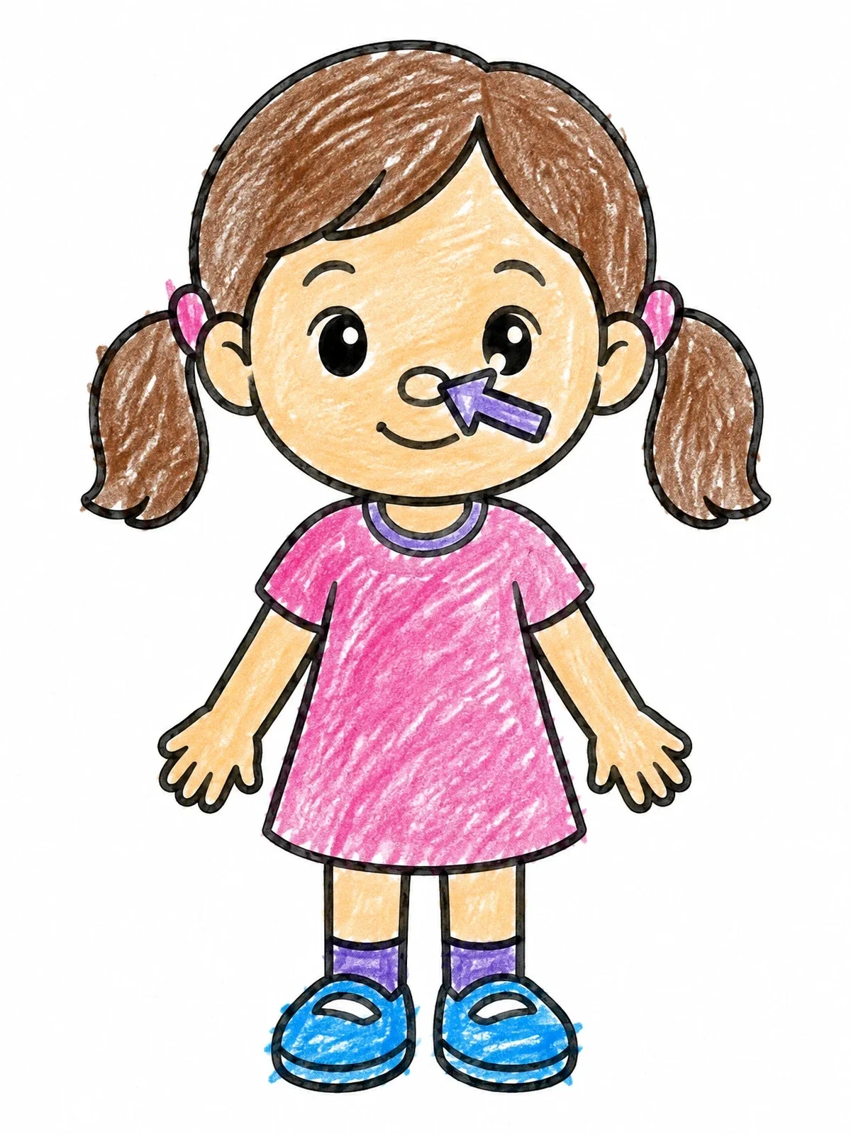 Colored example of the Little Girl Pointing To Her Nose coloring page