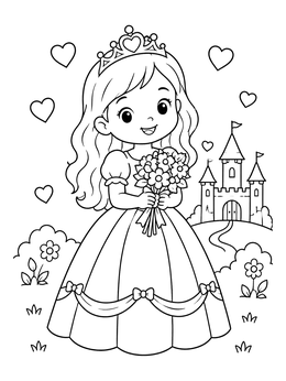 A cute little girl coloring page showing a princess holding flowers near a fairytale castle.