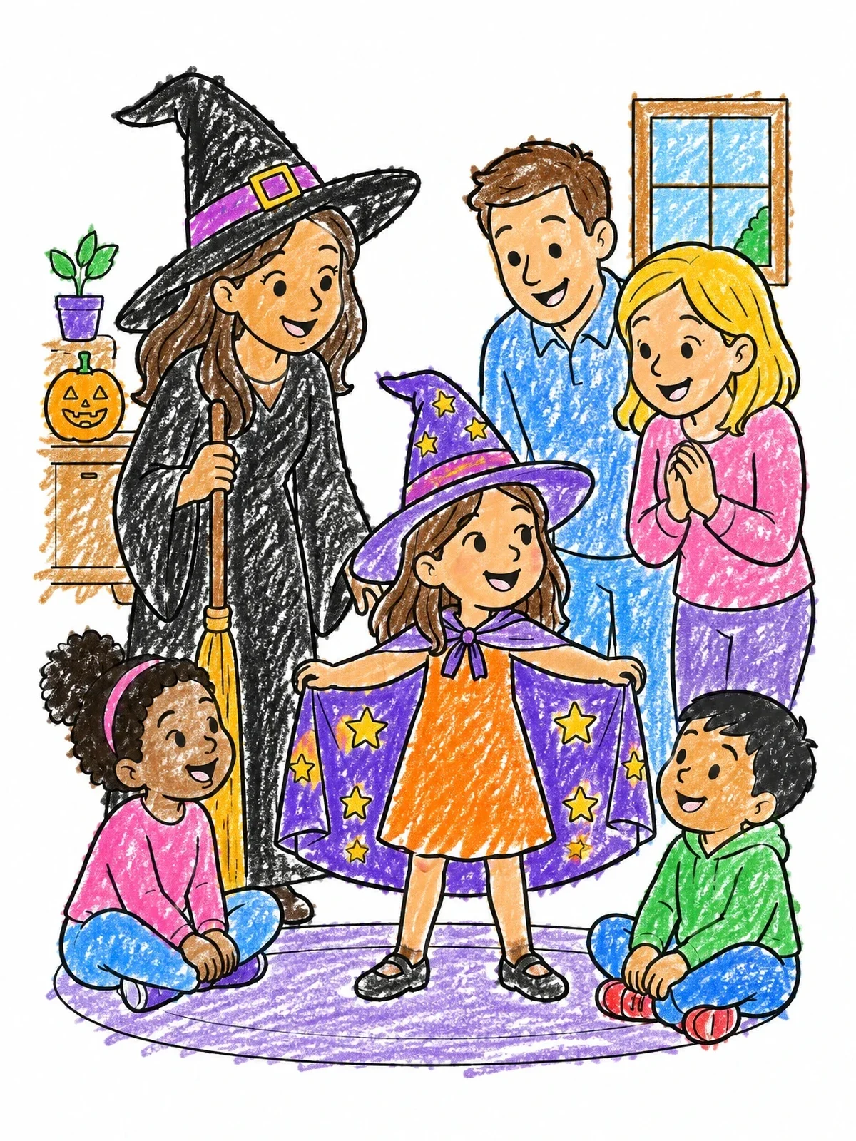 Colored example of the Little Girl Showing Witch Costume coloring page