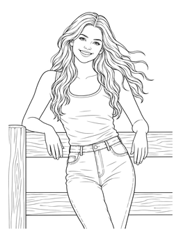 A smiling young girl leaning on a wooden fence on this charming little girl coloring page.