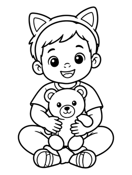 A happy toddler sits cross-legged holding a teddy bear in this little girl coloring page.