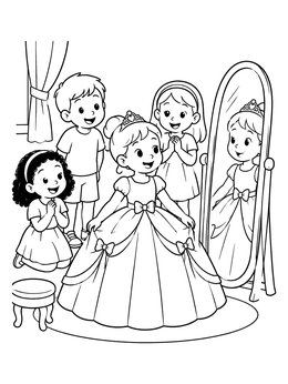 Free printable Little Girl Trying On A Ball Gown coloring page