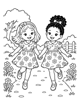 A cheerful little girl coloring page with two best friends skipping along an outdoor garden path.