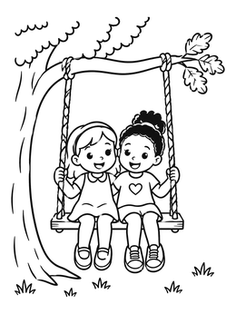 Two smiling best friends enjoy a little girl coloring page together on an oak tree swing.