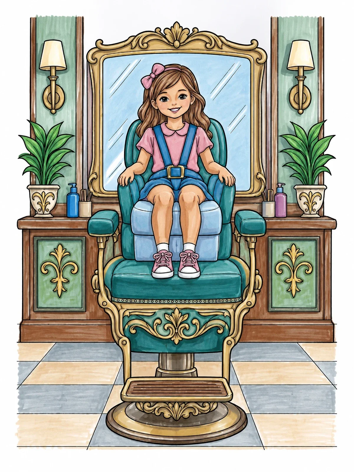 Colored example of the Little Girl In Vintage Barber Chair coloring page