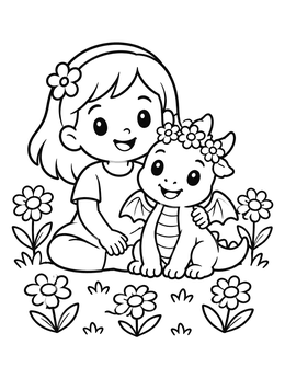 Free printable Little Girl With Baby Dragon coloring page