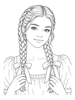 Portrait in this little girl coloring page showing braided hair tied with neat bows.