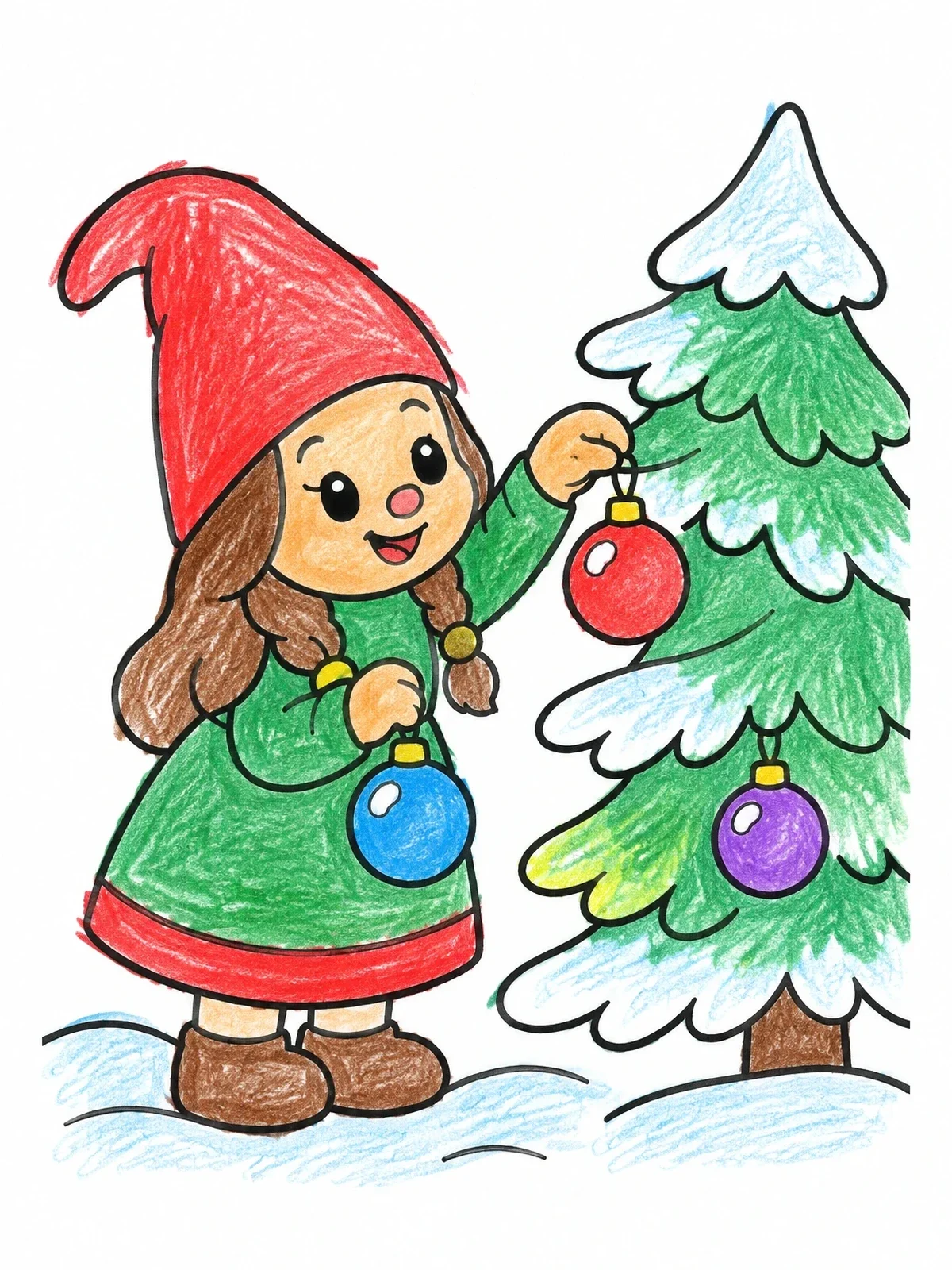 Colored example of the Little Gnome Decorating Christmas Tree coloring page