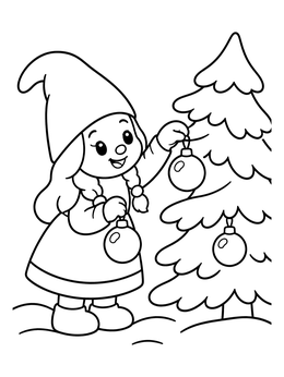 A sweet gnome coloring page of a girl hanging round baubles on an outdoor pine tree.