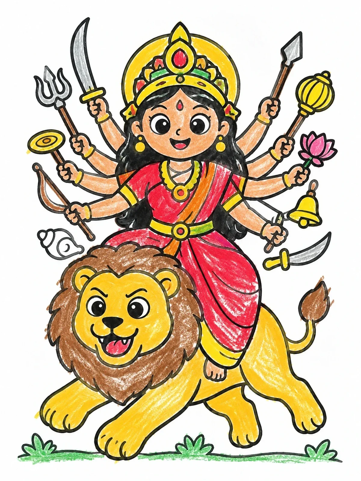 Colored example of the Little Goddess Durga On Her Lion coloring page