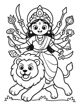 Free printable Little Goddess Durga On Her Lion coloring page