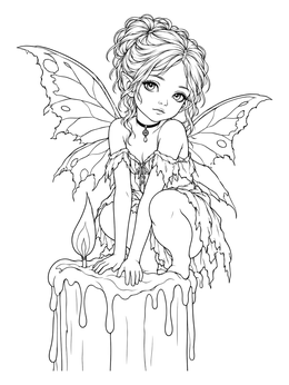 A sweet gothic fairy coloring page showing a winged sprite perched on top of a melting candle.