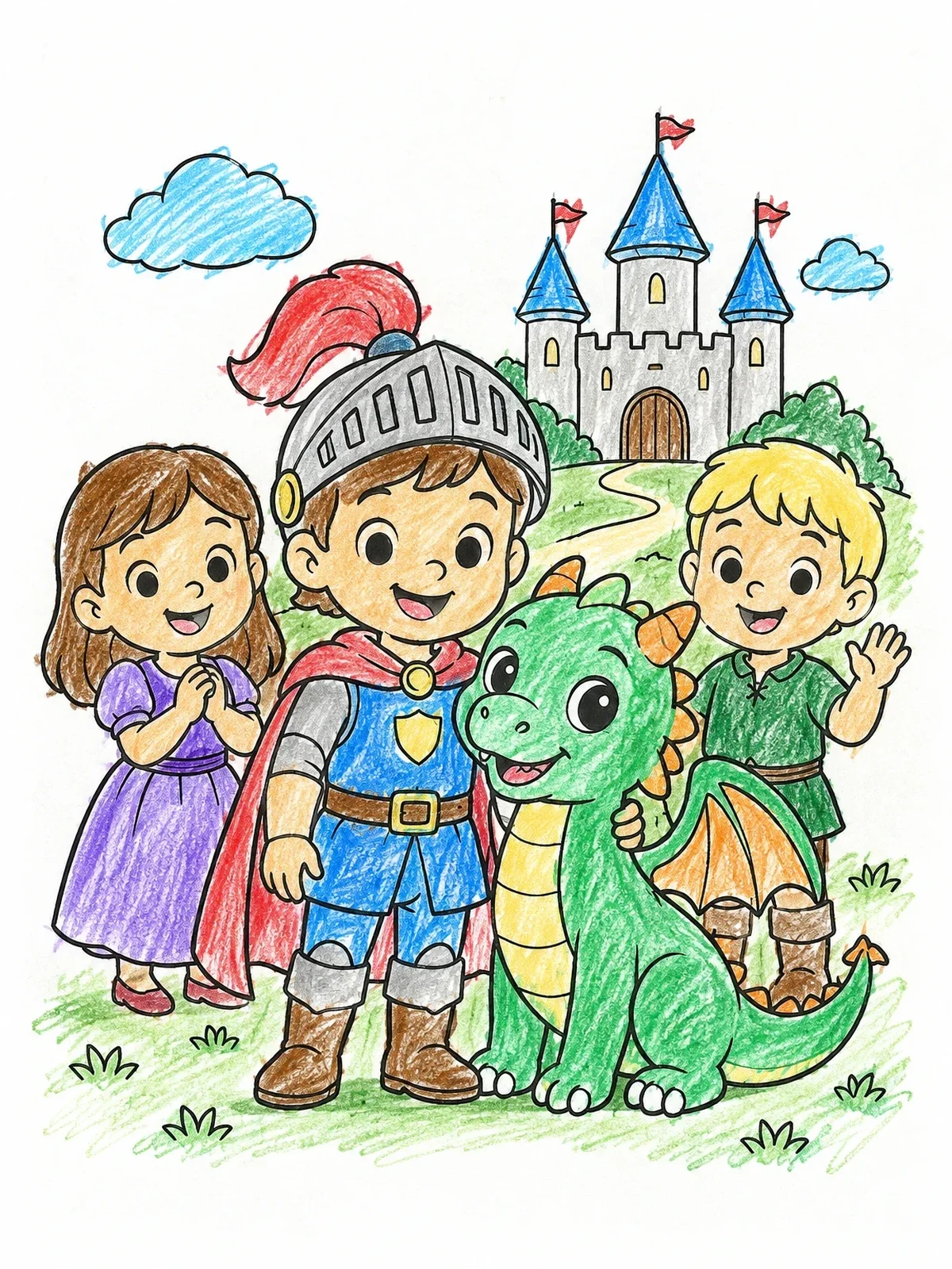 Colored example of the Little Knight With Friendly Dragon And Friends coloring page