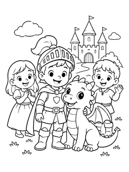 Free printable Little Knight With Friendly Dragon And Friends coloring page