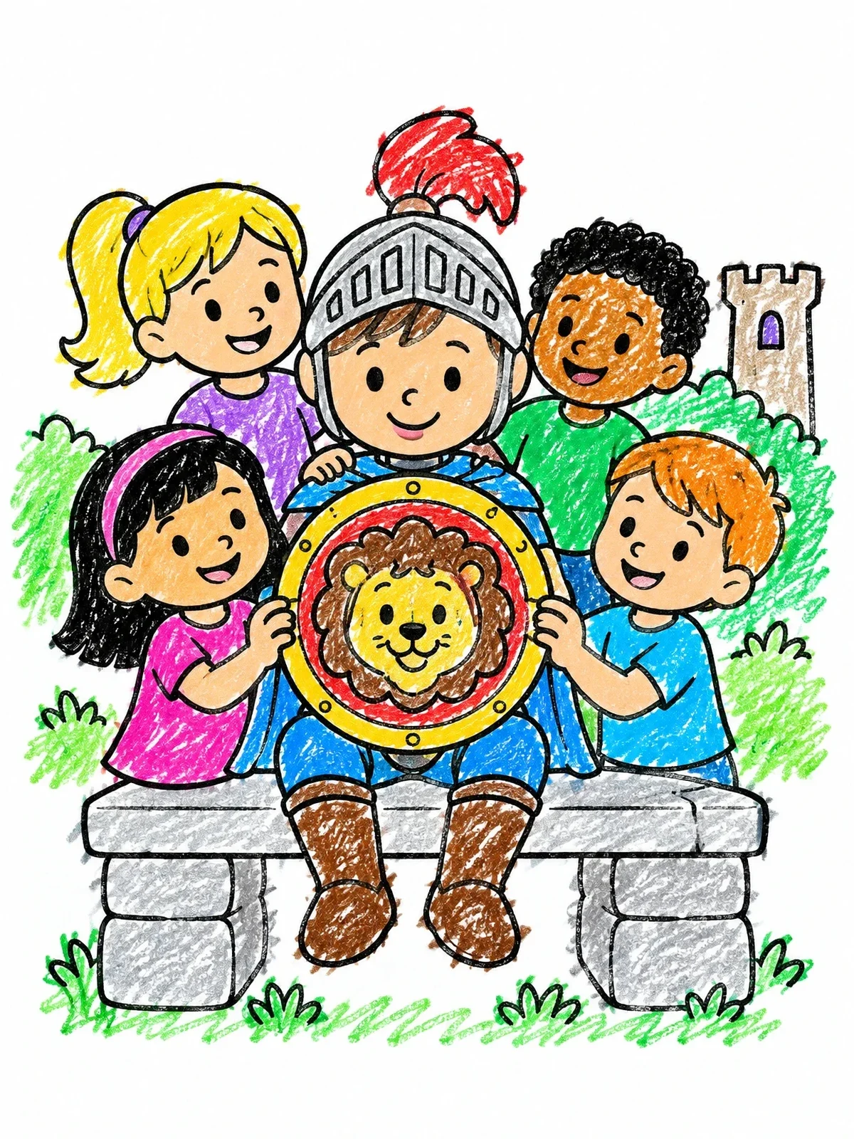 Colored example of the Little Knight With Friendly Friends coloring page