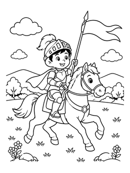 Free printable Little Knight Riding A Cheerful Pony coloring page