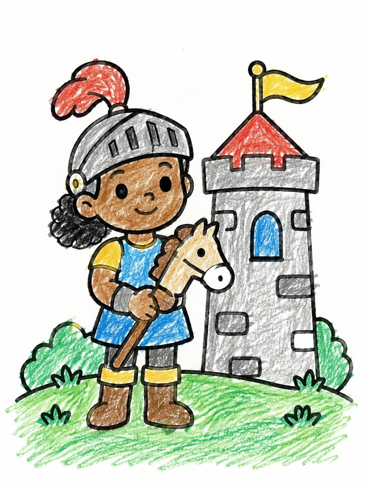 Colored example of the Little Knight With Hobby Horse coloring page