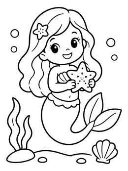 Free printable Cheerful Little Mermaid Holding Starfish coloring page